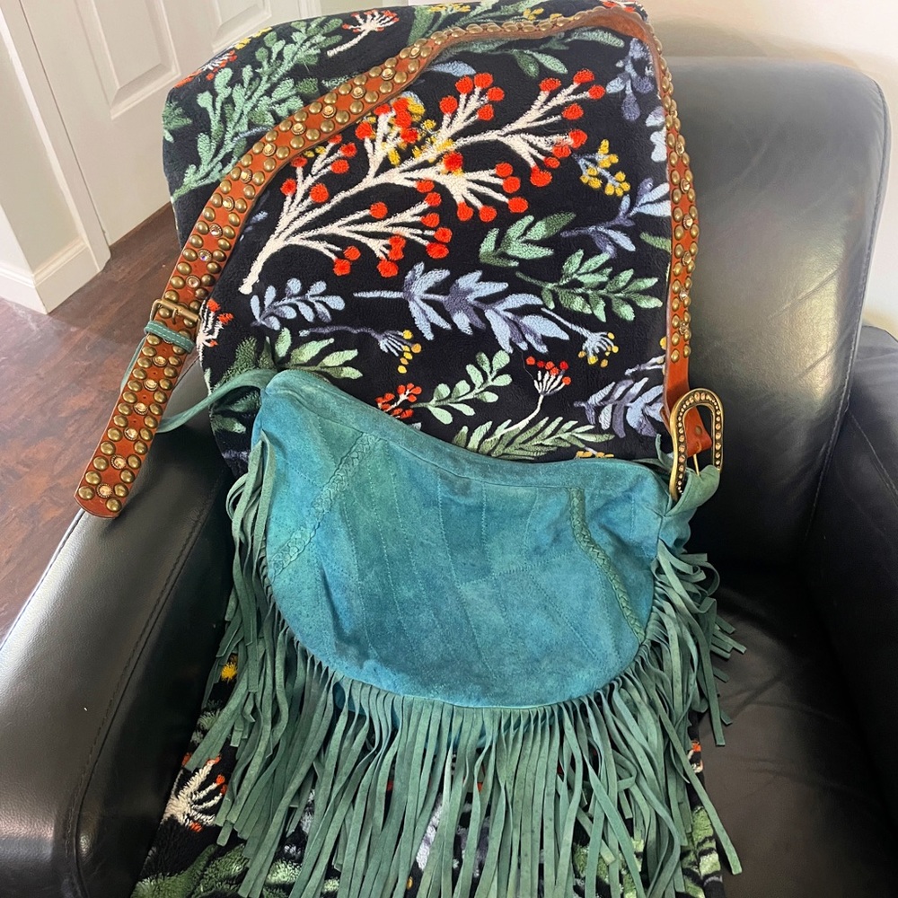 OOAK Blue Suede Leather Fringe Bag with Brown Leatherock Belt for strap